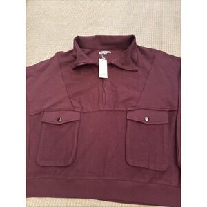 Boutique Brand Sz 3XL Maroon 1/4 Zip Sweatshirt 3/4 Sleeve Raw Hems
